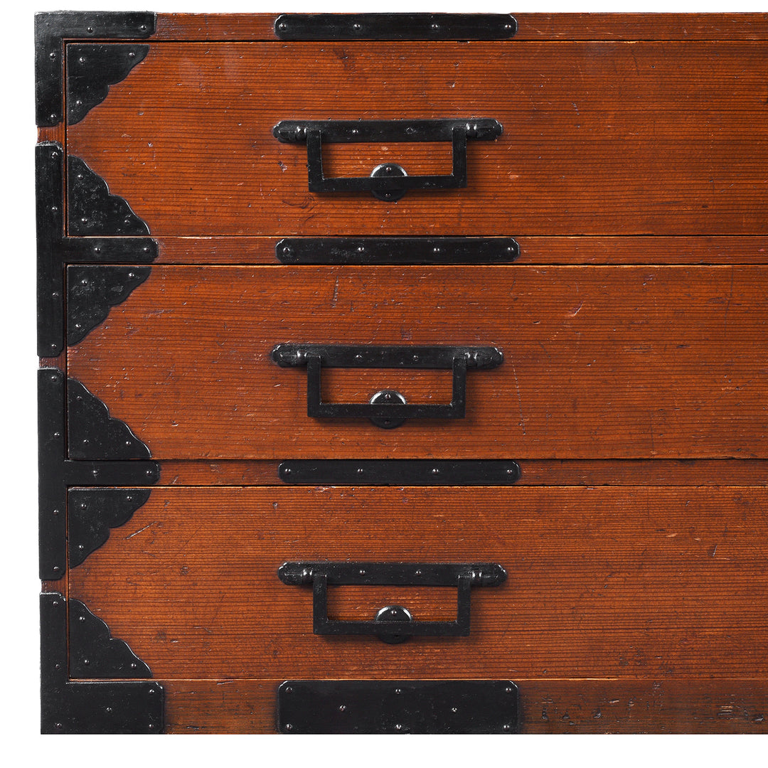 Handles Detail From Japanese Edo Period Katana Dansu Sword Chest In Cryptomeria With Three Long Drawers Hand Forged Iron Fittings And Side Carrying Handles | Indigo Antiques