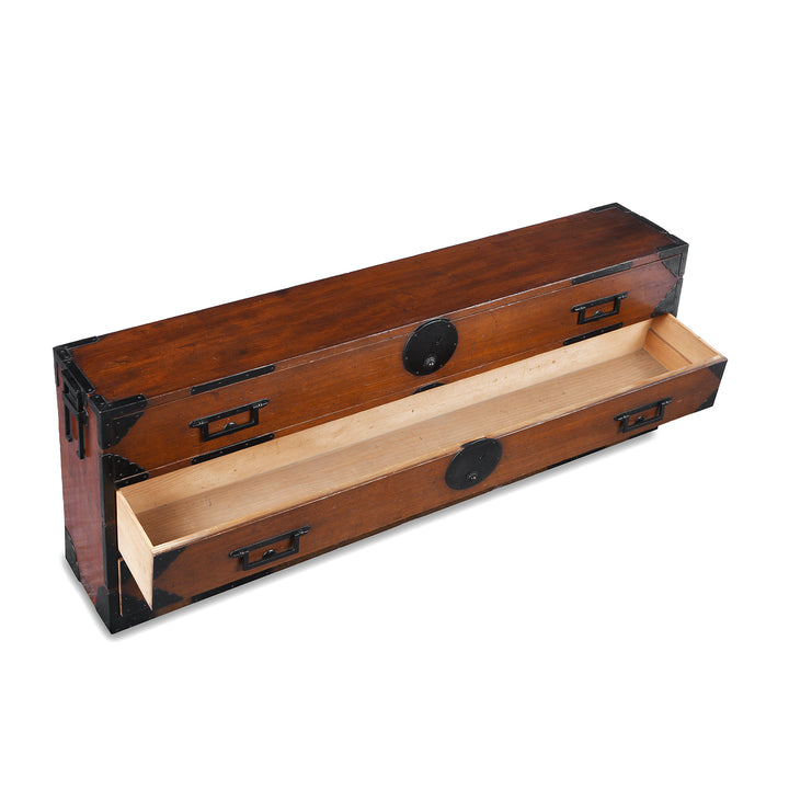 Open View Of Japanese Edo Period Katana Dansu Sword Chest In Cryptomeria With Three Long Drawers Hand Forged Iron Fittings And Side Carrying Handles | Indigo Antiques