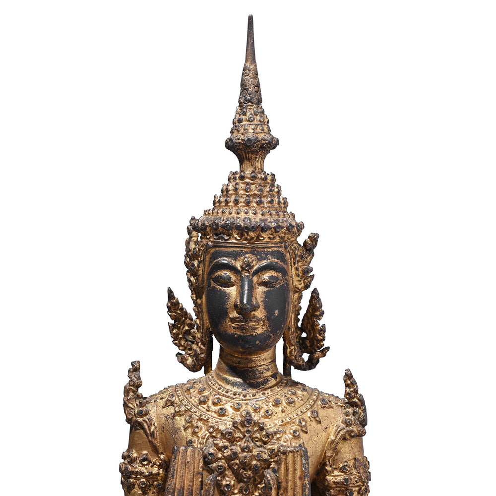 Face Detail From 19th Century Thai Gilt Bronze Buddha Figure From Rattanakosin Period Standing On Tiered Base