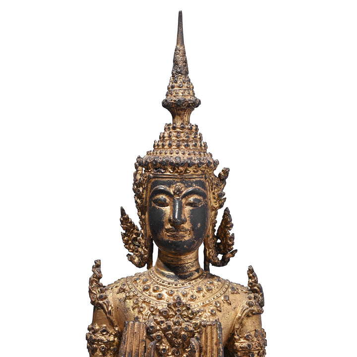 Face Detail From 19th Century Thai Gilt Bronze Buddha Figure From Rattanakosin Period Standing On Tiered Base