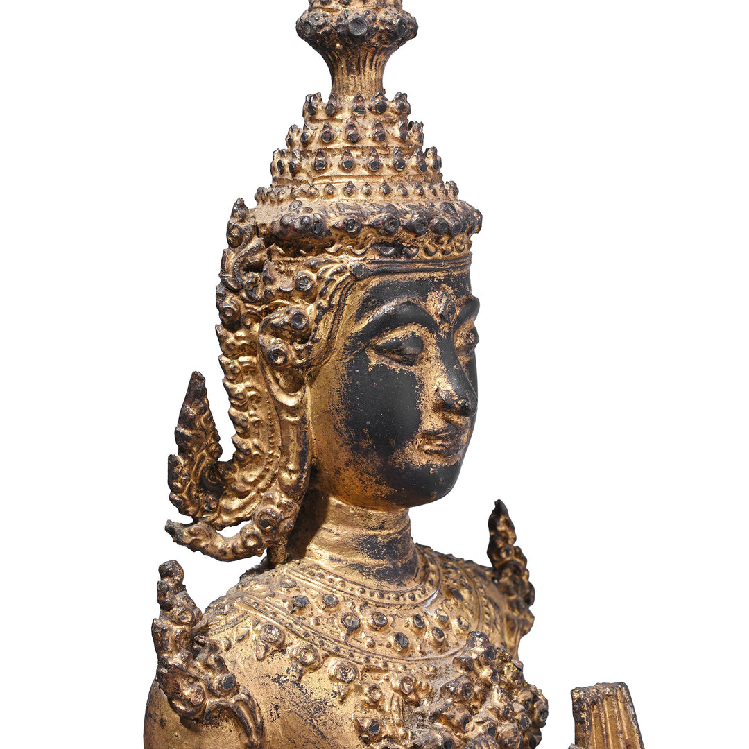 Face Detail From 19th Century Thai Gilt Bronze Buddha Figure From Rattanakosin Period Standing On Tiered Base