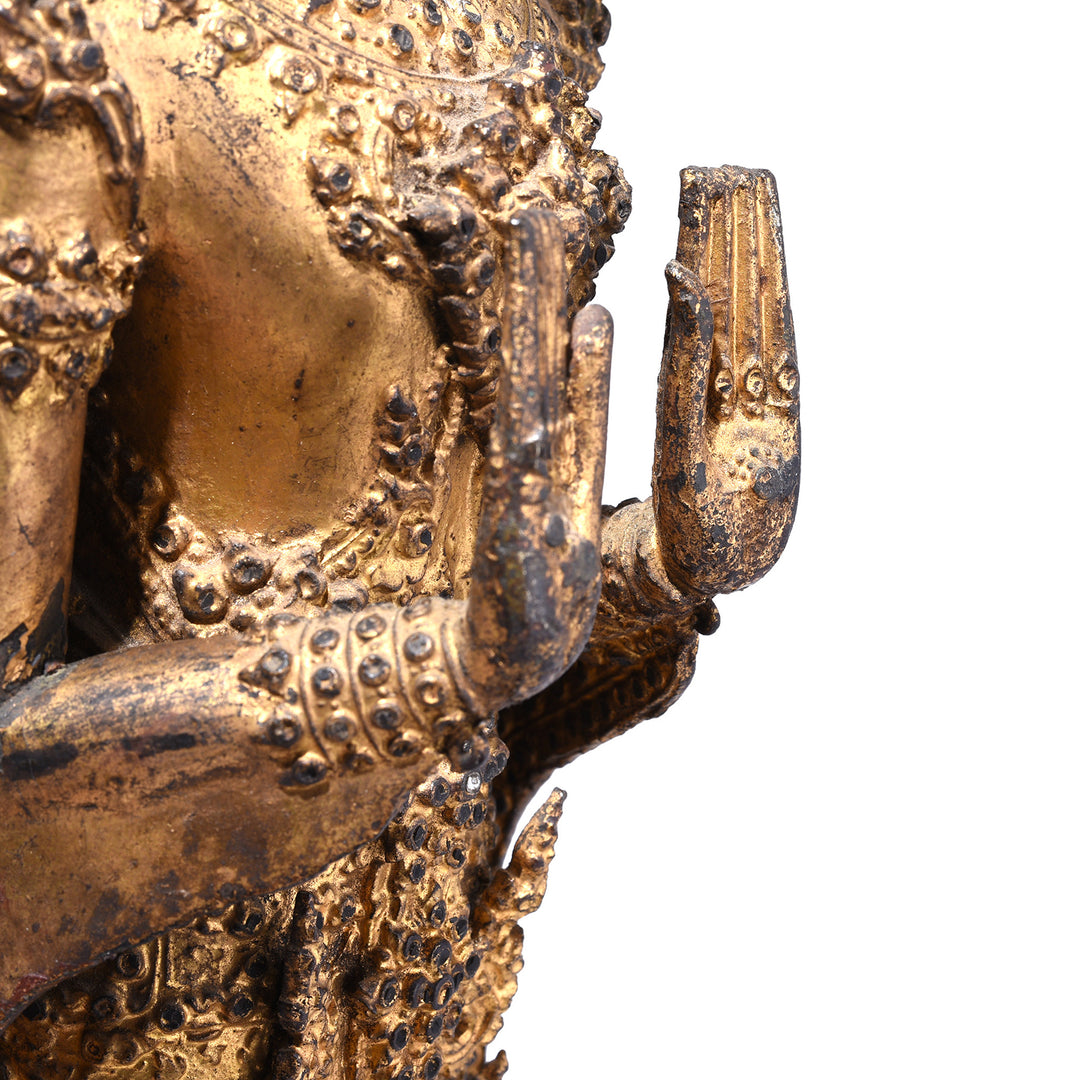 Hands Detail From 19th Century Thai Gilt Bronze Buddha Figure From Rattanakosin Period Standing On Tiered Base