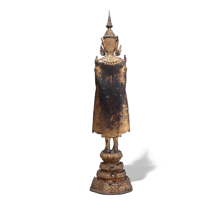 Back Of 19th Century Thai Gilt Bronze Buddha Figure From Rattanakosin Period Standing On Tiered Base
