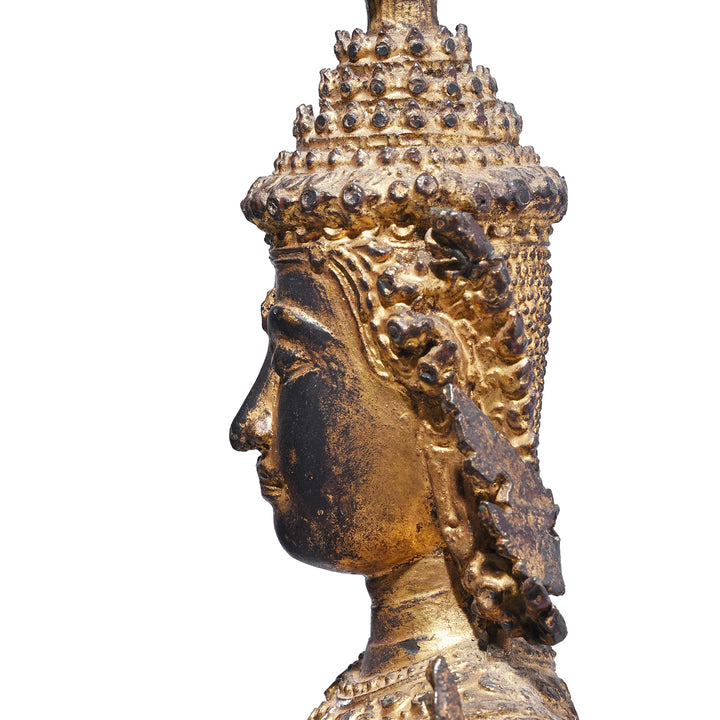 Profile Of 19th Century Thai Gilt Bronze Buddha Figure From Rattanakosin Period Standing On Tiered Base