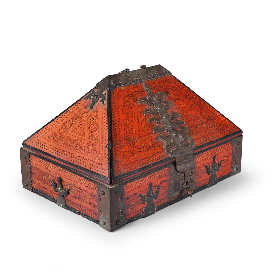 Angled VIew Of Antique Kerala Nettoor Petti Malabar Wedding Box With Hand Painted Decoration And Forged Iron Mounts Circa 19th Century | Indigo Antiques