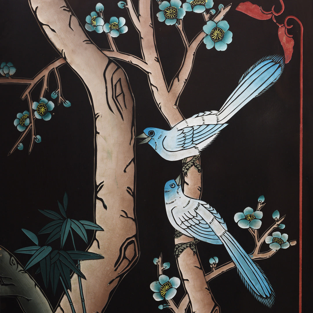 Artwork Detail From Vintage Chinese Lacquer Screen with Birds & Blossom | Indigo Antiques