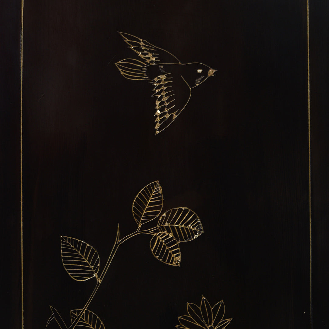Artwork Detail From Back Of Vintage Chinese Lacquer Screen with Birds & Blossom | Indigo Antiques