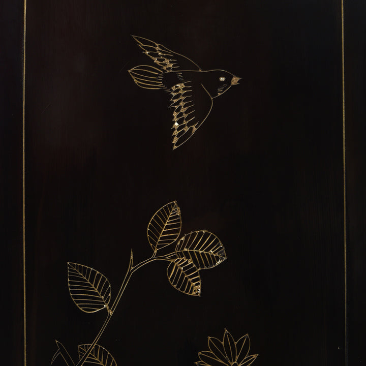 Artwork Detail From Back Of Vintage Chinese Lacquer Screen with Birds & Blossom | Indigo Antiques
