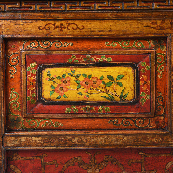Floral Paintwork Detail Antique Tibetan Painted Choksar Prayer Table | Indigo Antiques