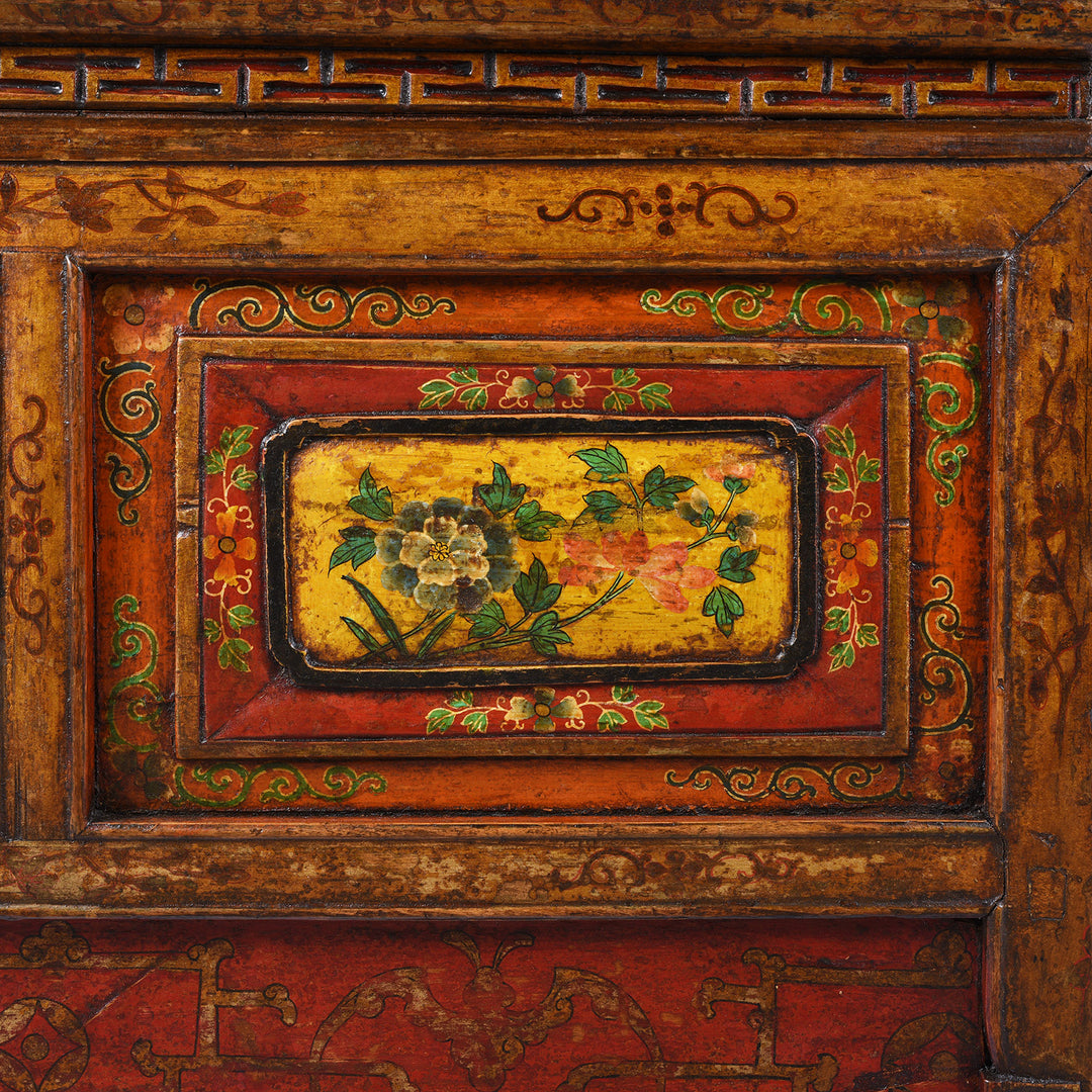 Floral Paintowrk Detail From Antique Tibetan Painted Choksar Prayer Table | Indigo Antiques