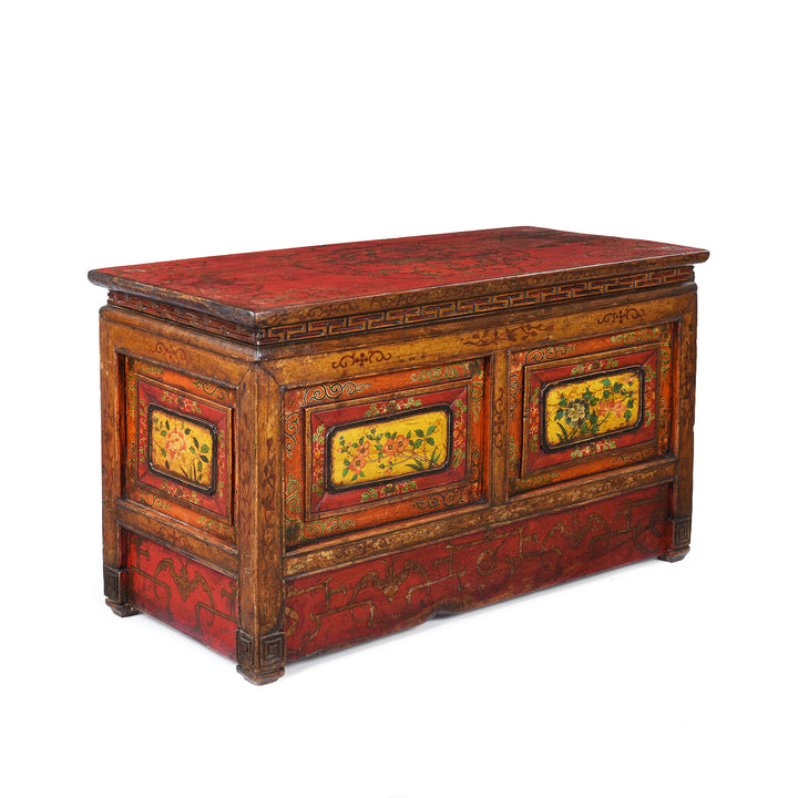 Angled VIew Of Antique Tibetan Painted Choksar Prayer Table | Indigo Antiques