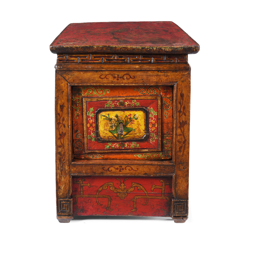 Side View Of Antique Tibetan Painted Choksar Prayer Table | Indigo Antiques