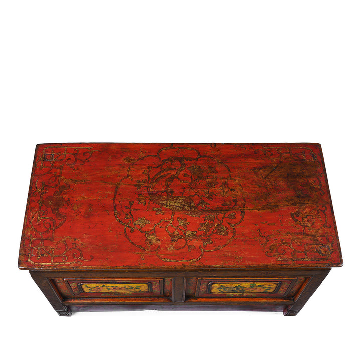Top Down View Of Antique Tibetan Painted Choksar Prayer Table | Indigo Antiques
