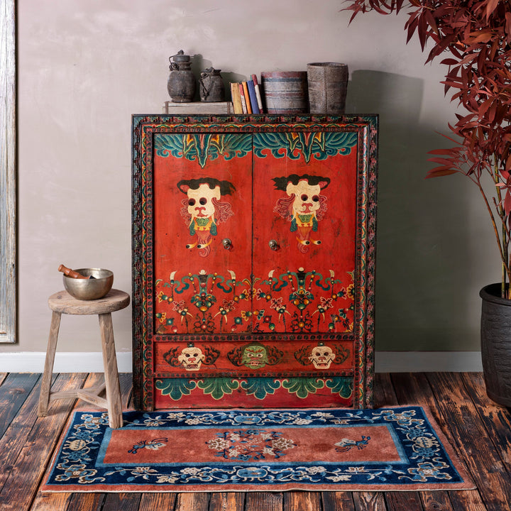 19th Century Painted Tibetan Torgam Cabinet With Hand Painted 
 Protective Buddhist Motifs And Original Interior Shelf | Indigo Antiques