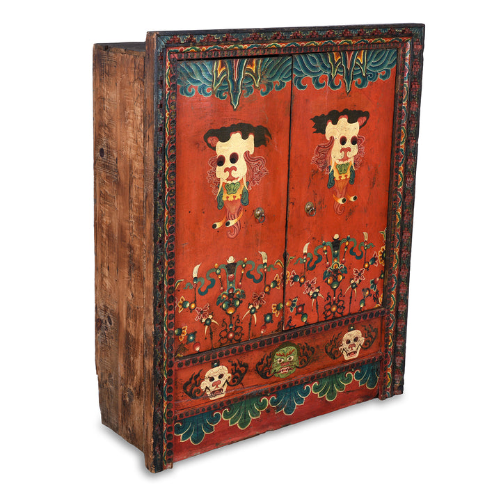Angled View Of 19th Century Painted Tibetan Torgam Cabinet With Hand Painted Snow Lions Protective Buddhist Motifs And Original Interior Shelf | Indigo Antiques