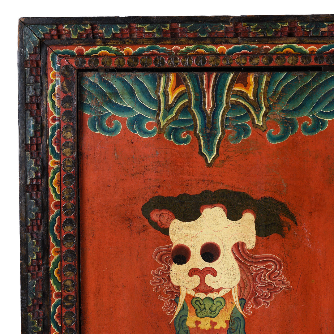 Corner Detail From 19th Century Painted Tibetan Torgam Cabinet With Hand Painted Snow Lions Protective Buddhist Motifs And Original Interior Shelf | Indigo Antiques