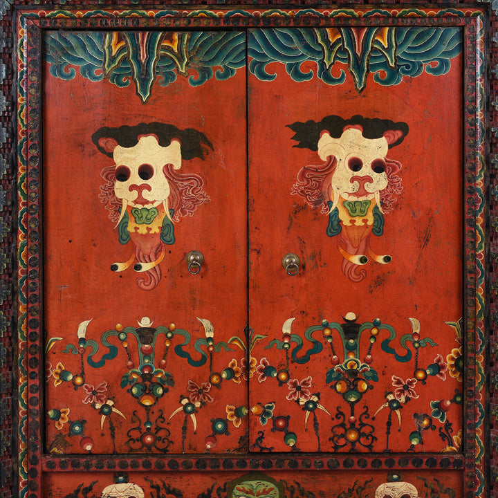 Doors Detail From 19th Century Painted Tibetan Torgam Cabinet With Hand Painted Snow Lions Protective Buddhist Motifs And Original Interior Shelf | Indigo Antiques