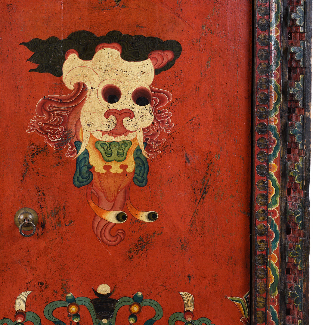 Paintwork Detail From 19th Century Painted Tibetan Torgam Cabinet With Hand Painted Snow Lions Protective Buddhist Motifs And Original Interior Shelf | Indigo Antiques