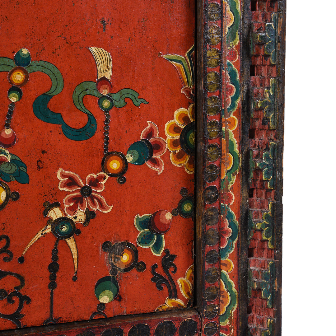 Artwork Detail From 19th Century Painted Tibetan Torgam Cabinet With Hand Painted Snow Lions Protective Buddhist Motifs And Original Interior Shelf | Indigo Antiques