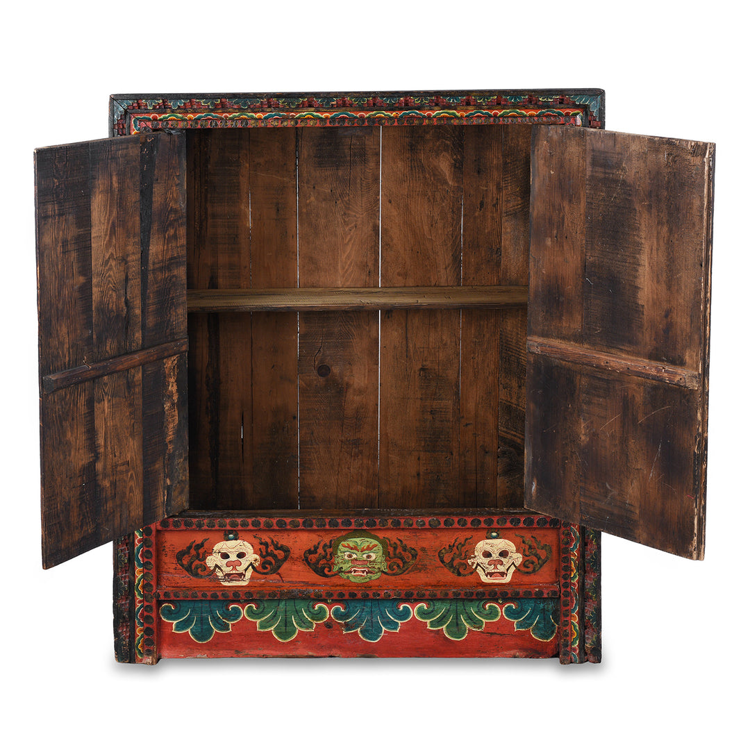 Interior Of 19th Century Painted Tibetan Torgam Cabinet With Hand Painted Snow Lions Protective Buddhist Motifs And Original Interior Shelf | Indigo Antiques