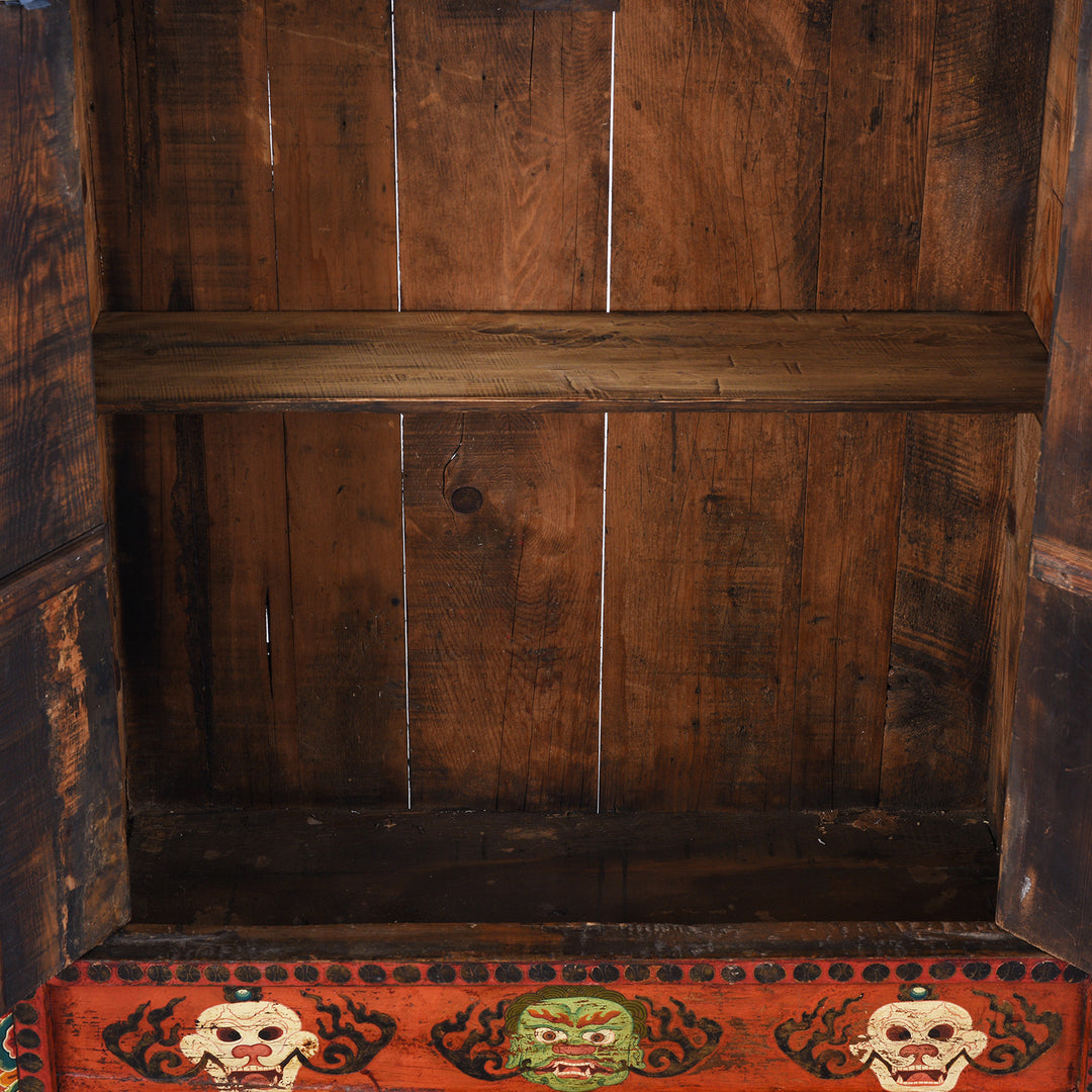 Interior Detail From 19th Century Painted Tibetan Torgam Cabinet With Hand Painted Snow Lions Protective Buddhist Motifs And Original Interior Shelf | Indigo Antiques
