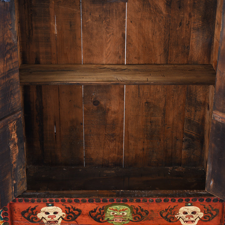 Interior Detail From 19th Century Painted Tibetan Torgam Cabinet With Hand Painted Snow Lions Protective Buddhist Motifs And Original Interior Shelf | Indigo Antiques