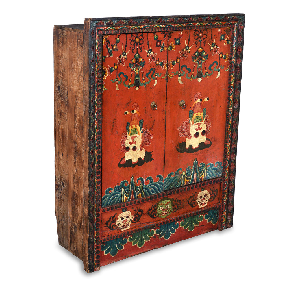 Angled View Of Antique Painted Tibetan Torgam Cabinet  | Indigo Antiques