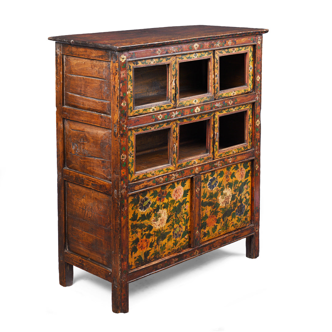 Angled VIew Of Antique Glazed Painted Tibetan Cabinet | Indigo Antiques