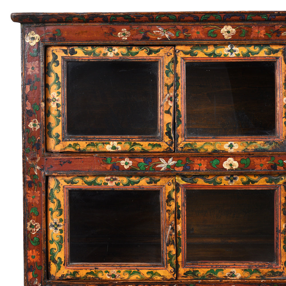 Corner Detail Showing Artwork On Antique Glazed Painted Tibetan Cabinet | Indigo Antiques