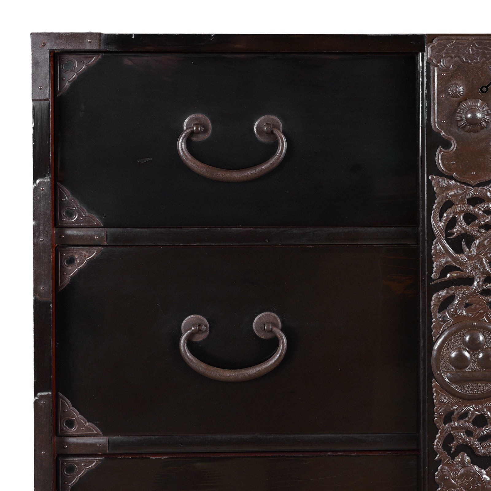 Corner Detail From Japanese Black Lacquer Bo Dansu From Tsuruoka Yamagata Meiji Period With Repoussé Ironwork Tsuta Kamon Crest Secret Compartments And Original Key | Indigo Antiques