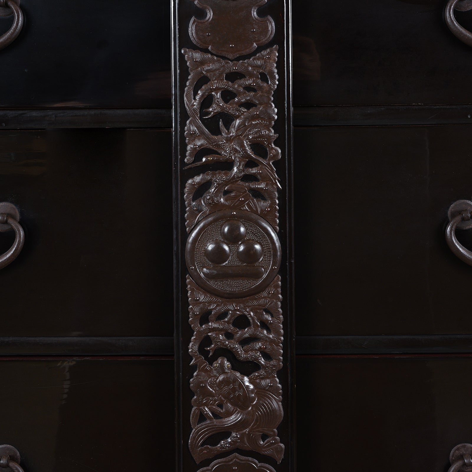 Locking Plate Detail From Japanese Black Lacquer Bo Dansu From Tsuruoka Yamagata Meiji Period With Repoussé Ironwork Kamon Crest Secret Compartments And Original Key | Indigo Antiques