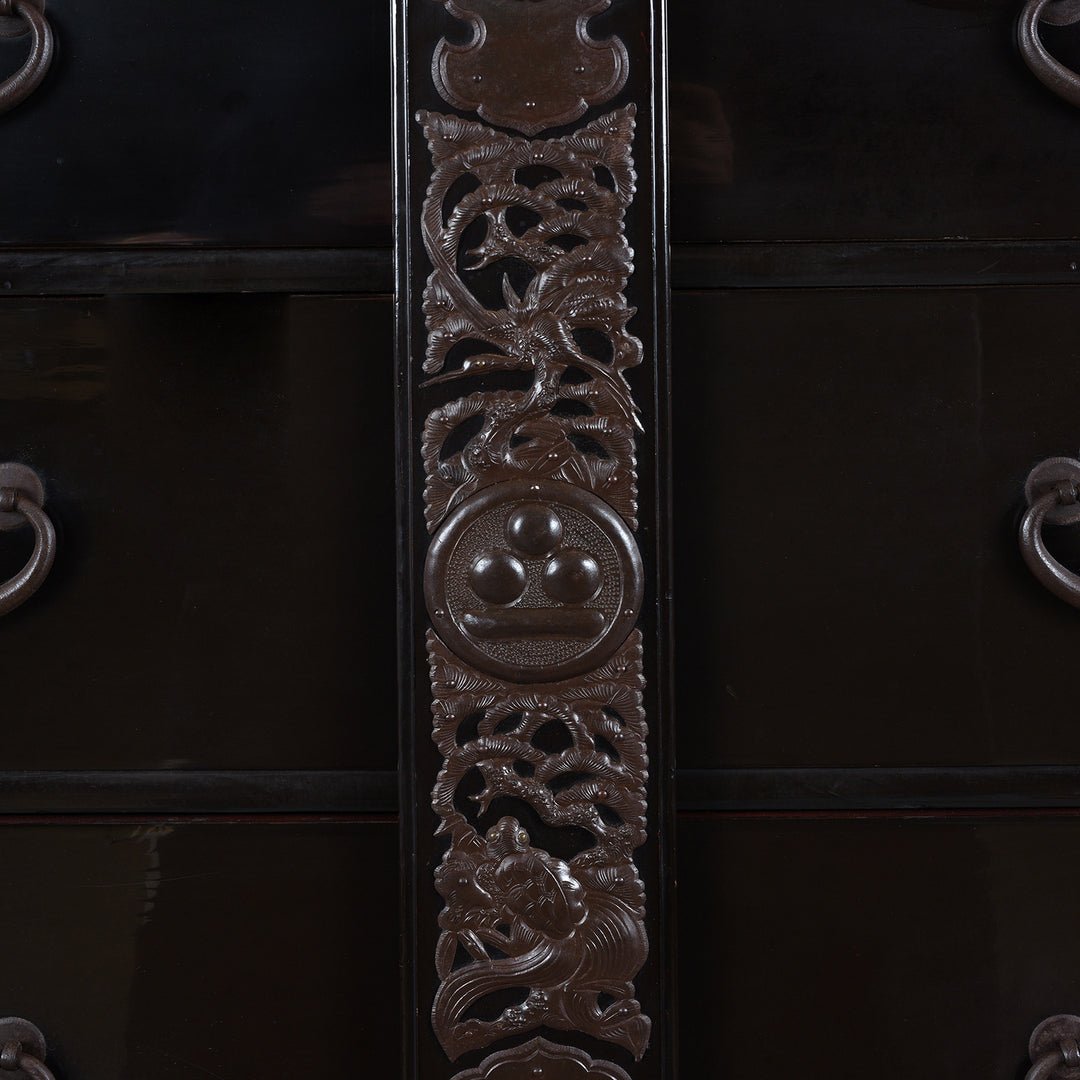 Locking Plate Detail From Japanese Black Lacquer Bo Dansu From Tsuruoka Yamagata Meiji Period With Repoussé Ironwork Tsuta Kamon Crest Secret Compartments And Original Key | Indigo Antiques