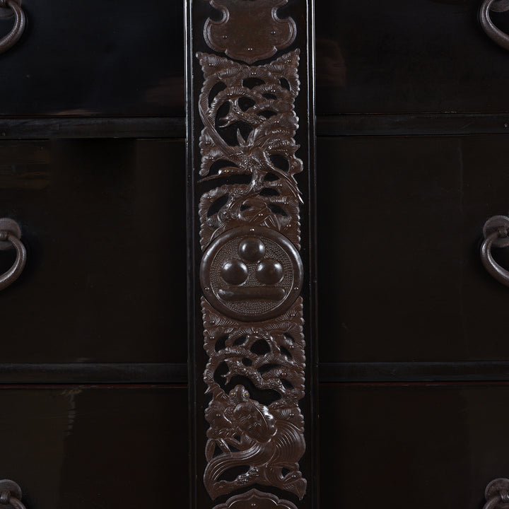Locking Plate Detail From Japanese Black Lacquer Bo Dansu From Tsuruoka Yamagata Meiji Period With Repoussé Ironwork Tsuta Kamon Crest Secret Compartments And Original Key | Indigo Antiques
