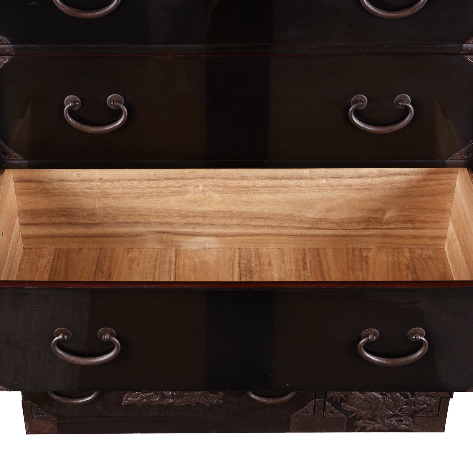 Drawer Interior Detail From Japanese Black Lacquer Bo Dansu From Tsuruoka Yamagata Meiji Period With Repoussé Ironwork Tsuta Kamon Crest Secret Compartments And Original Key | Indigo Antiques