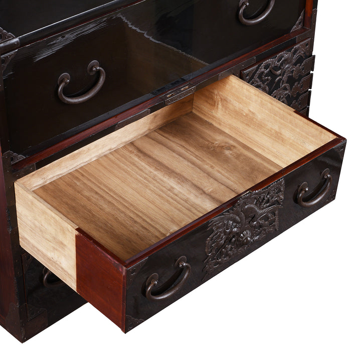 Lower Drawer Detail From Japanese Black Lacquer Bo Dansu From Tsuruoka Yamagata Meiji Period With Repoussé Ironwork Tsuta Kamon Crest Secret Compartments And Original Key | Indigo Antiques