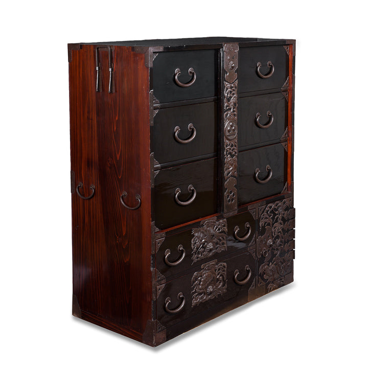 Angled View Of Japanese Black Lacquer Bo Dansu From Tsuruoka Yamagata Meiji Period With Repoussé Ironwork Tsuta Kamon Crest Secret Compartments And Original Key | Indigo Antiques