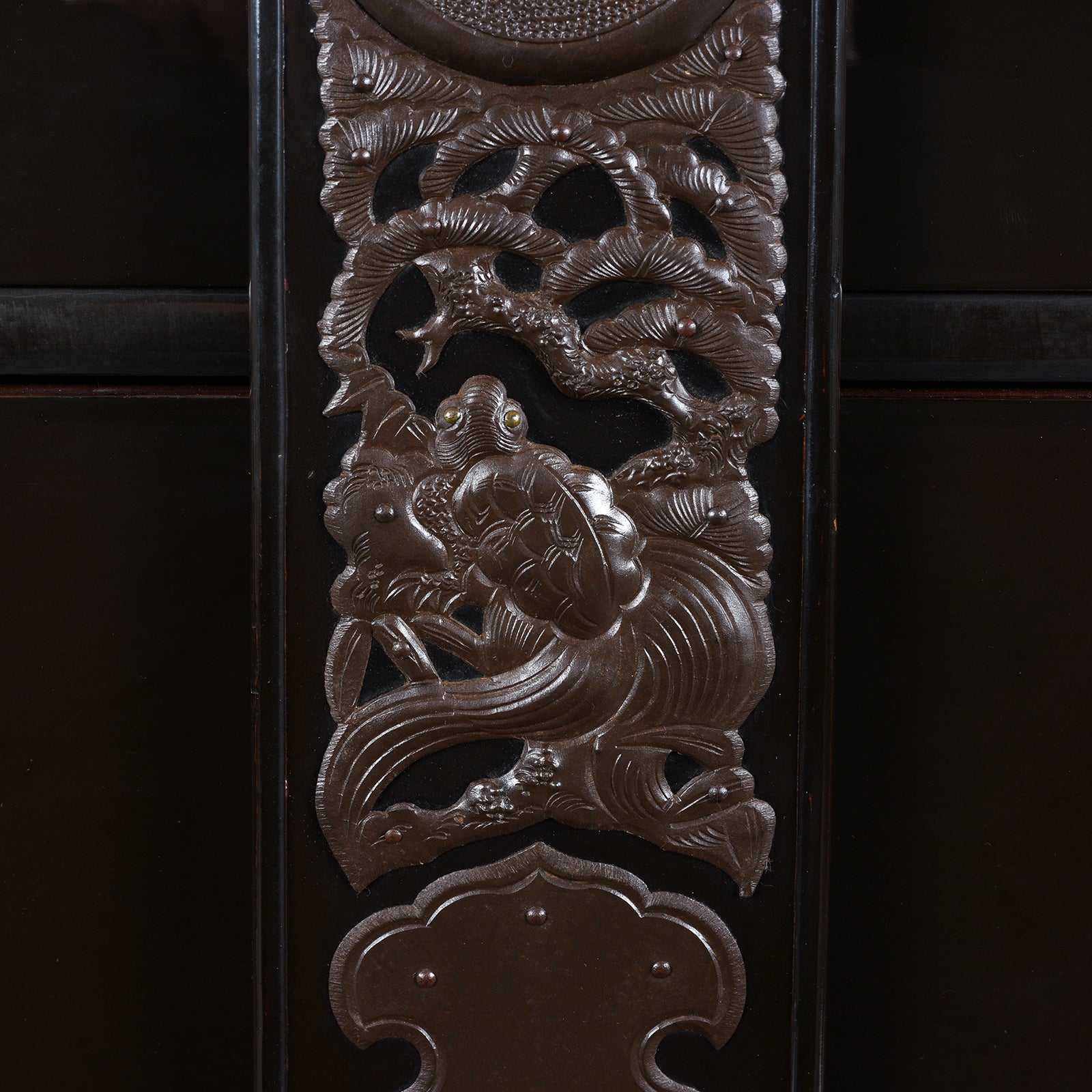 Ironwork Detail From Japanese Black Lacquer Bo Dansu From Tsuruoka Yamagata Meiji Period With Repoussé Ironwork Tsuta Kamon Crest Secret Compartments And Original Key | Indigo Antiques