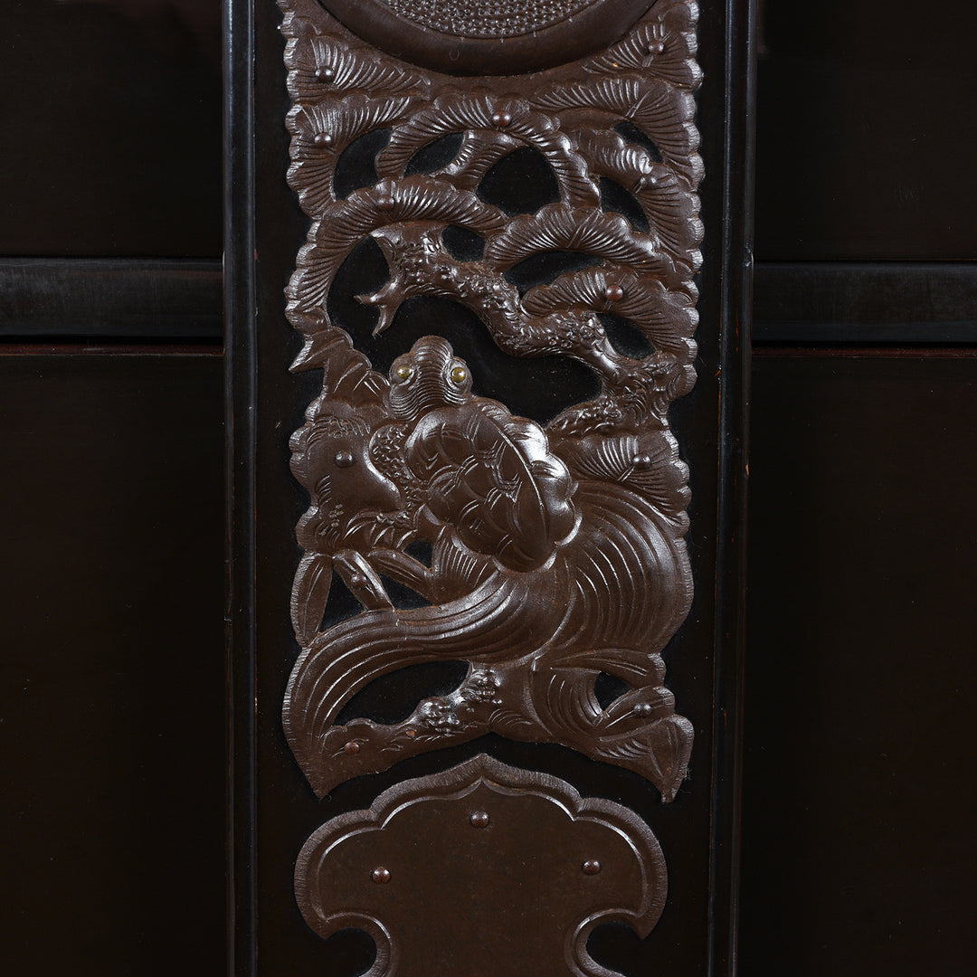 Ironwork Detail From Japanese Black Lacquer Bo Dansu From Tsuruoka Yamagata Meiji Period With Repoussé Ironwork Tsuta Kamon Crest Secret Compartments And Original Key | Indigo Antiques