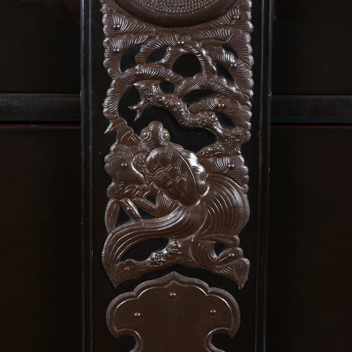 Ironwork Detail From Japanese Black Lacquer Bo Dansu From Tsuruoka Yamagata Meiji Period With Repoussé Ironwork Tsuta Kamon Crest Secret Compartments And Original Key | Indigo Antiques