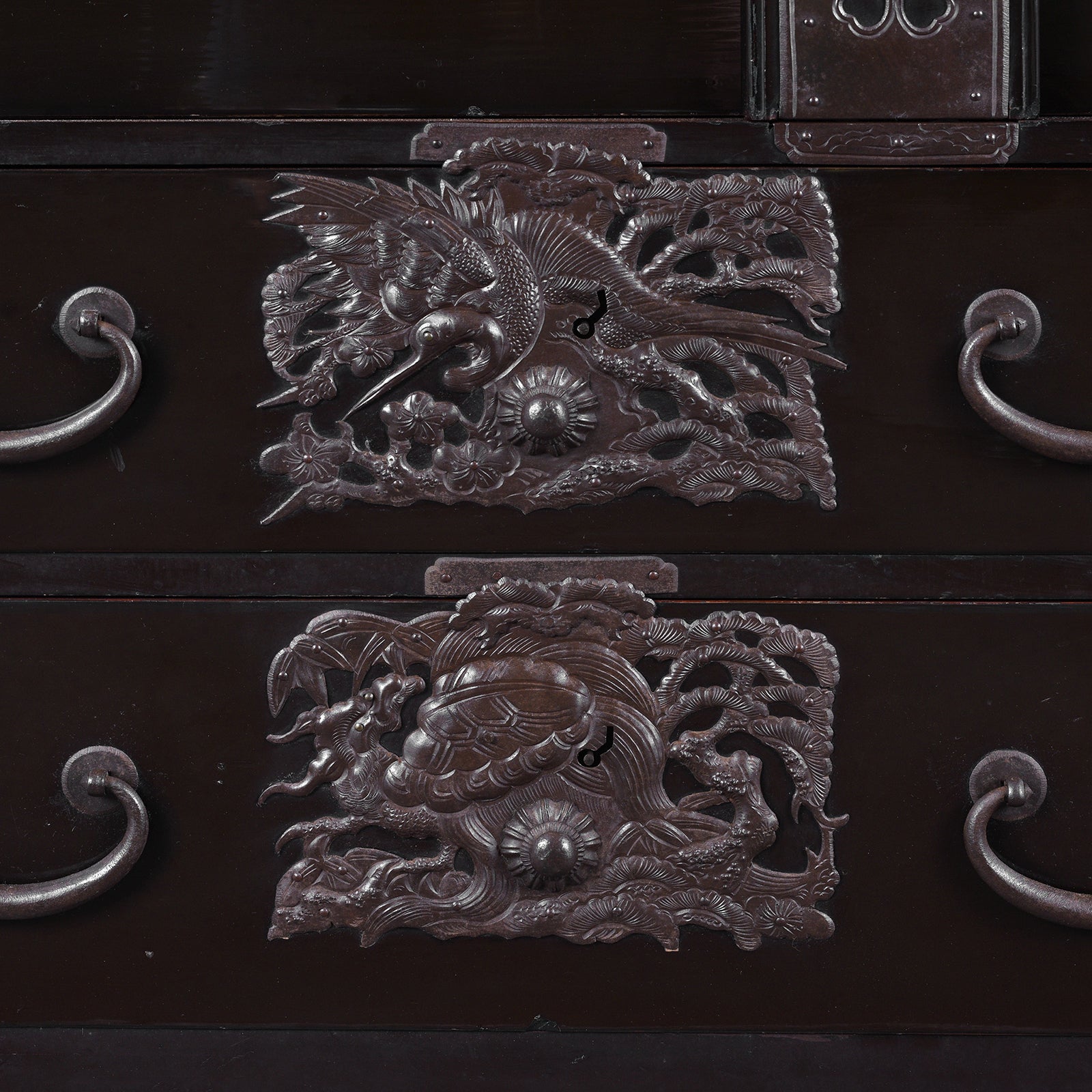 Ironwork Detail From Japanese Black Lacquer Bo Dansu From Tsuruoka Yamagata Meiji Period With Repoussé Ironwork Tsuta Kamon Crest Secret Compartments And Original Key | Indigo Antiques