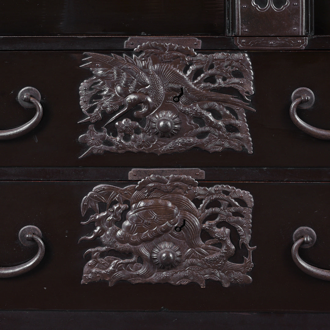 Ironwork Detail From Japanese Black Lacquer Bo Dansu From Tsuruoka Yamagata Meiji Period With Repoussé Ironwork Tsuta Kamon Crest Secret Compartments And Original Key | Indigo Antiques