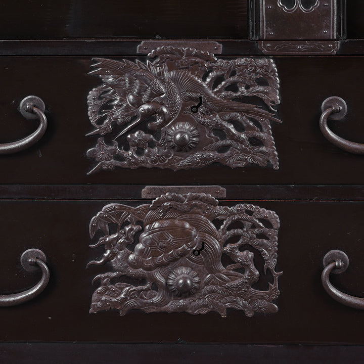 Ironwork Detail From Japanese Black Lacquer Bo Dansu From Tsuruoka Yamagata Meiji Period With Repoussé Ironwork Tsuta Kamon Crest Secret Compartments And Original Key | Indigo Antiques