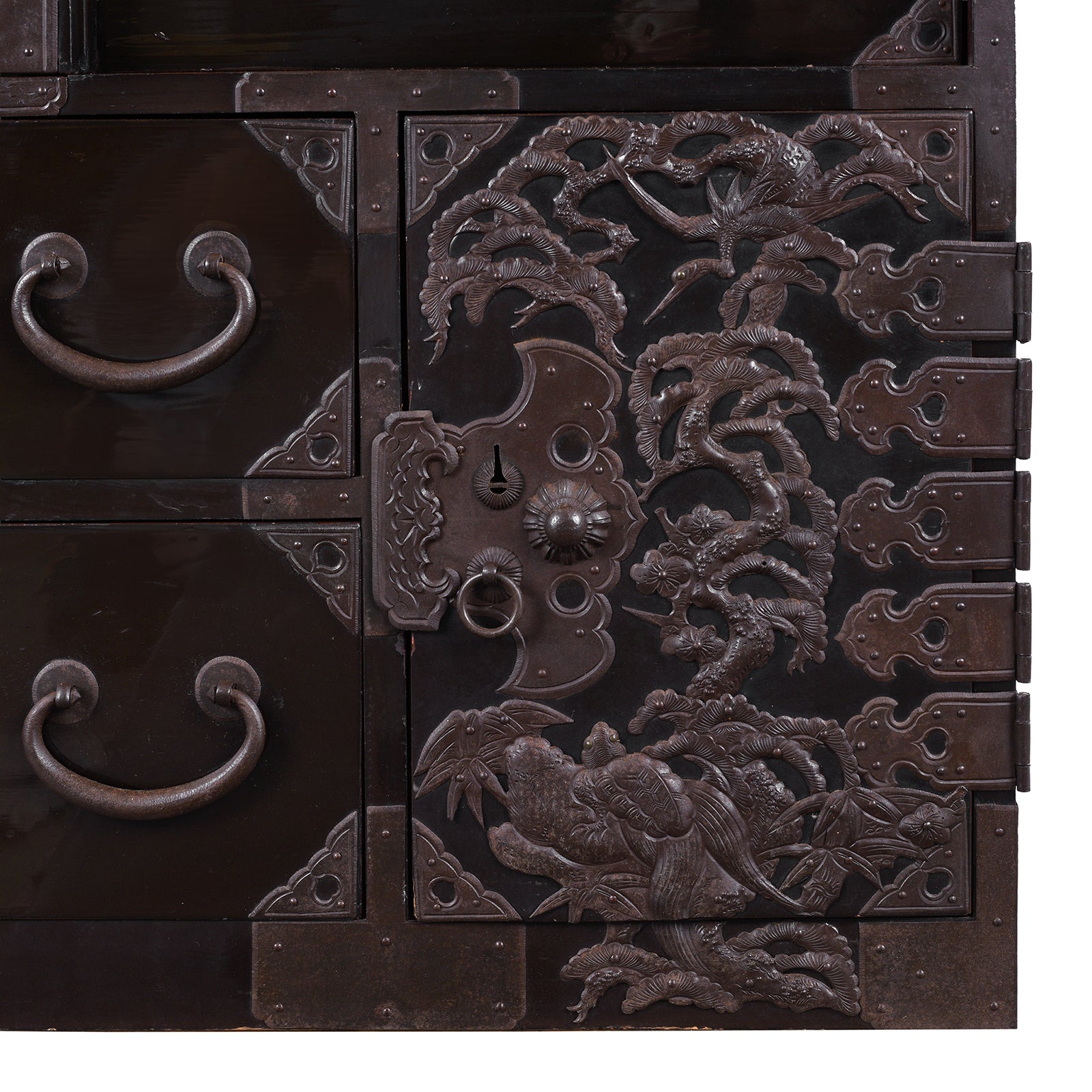 Ironwork Detail From Japanese Black Lacquer Bo Dansu From Tsuruoka Yamagata Meiji Period With Repoussé Ironwork Tsuta Kamon Crest Secret Compartments And Original Key | Indigo Antiques