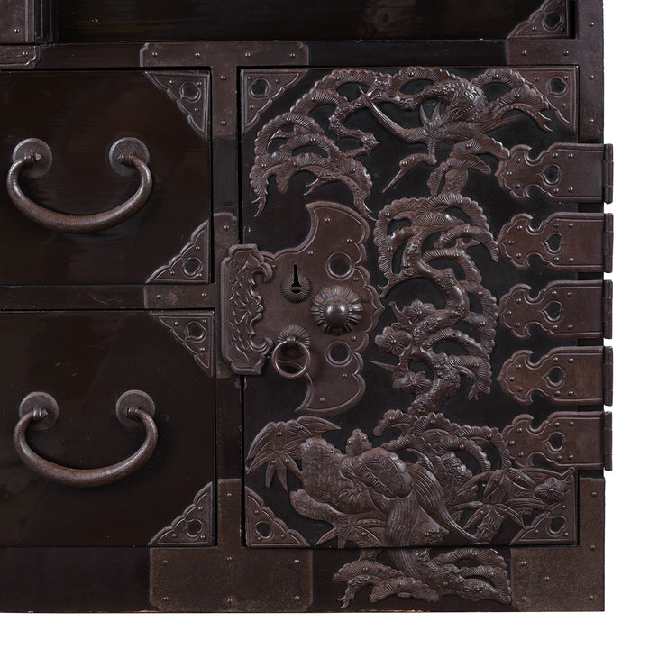 Ironwork Detail From Japanese Black Lacquer Bo Dansu From Tsuruoka Yamagata Meiji Period With Repoussé Ironwork Tsuta Kamon Crest Secret Compartments And Original Key | Indigo Antiques