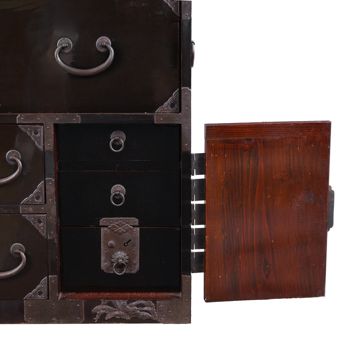 Bottom Drawer Set Detail From Japanese Black Lacquer Bo Dansu From Tsuruoka Yamagata Meiji Period With Repoussé Ironwork Tsuta Kamon Crest Secret Compartments And Original Key | Indigo Antiques