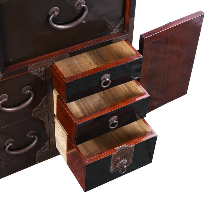 Drawer Detail Detail From Japanese Black Lacquer Bo Dansu From Tsuruoka Yamagata Meiji Period With Repoussé Ironwork Tsuta Kamon Crest Secret Compartments And Original Key | Indigo Antiques