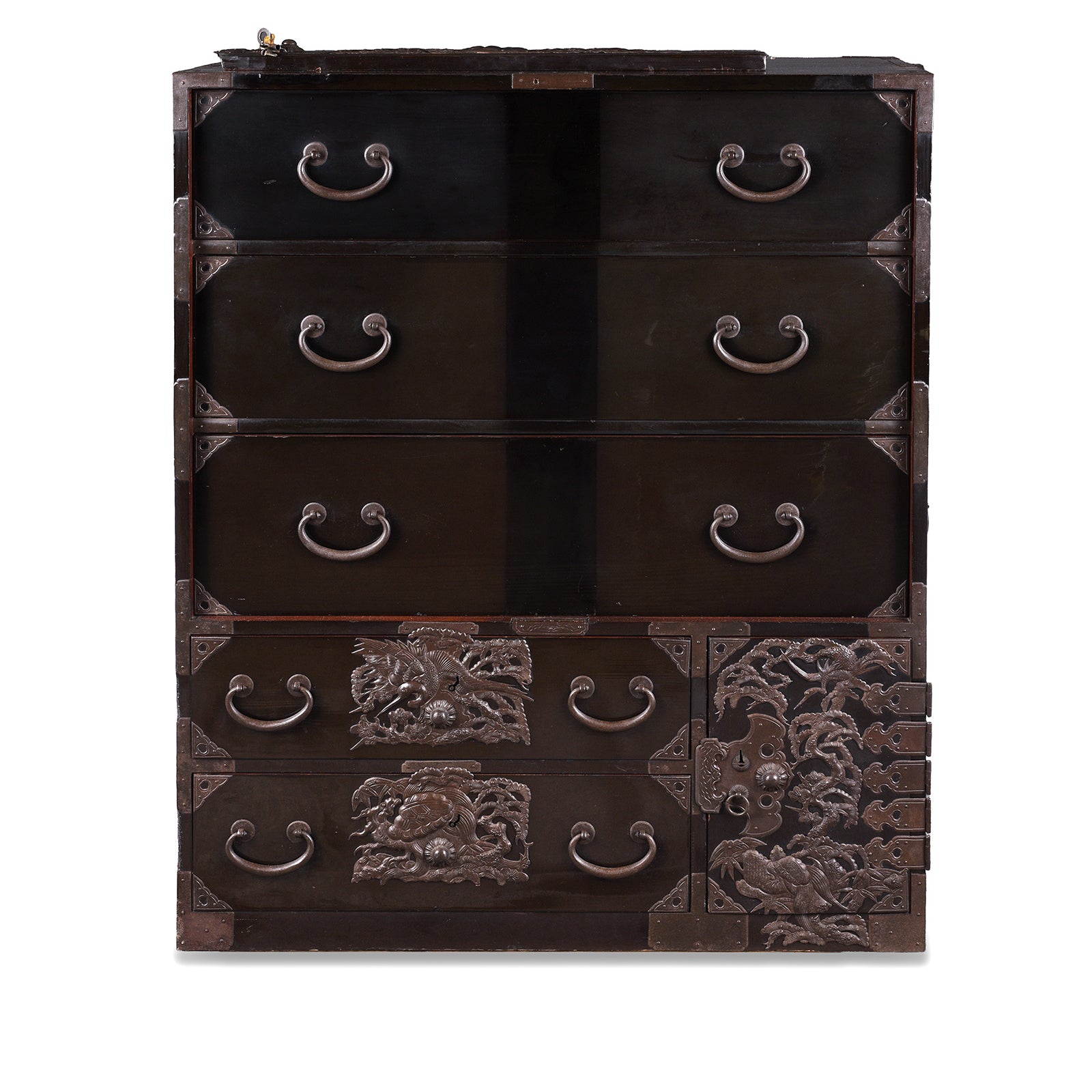 Plate Removed Detail From Japanese Black Lacquer Bo Dansu From Tsuruoka Yamagata Meiji Period With Repoussé Ironwork Tsuta Kamon Crest Secret Compartments And Original Key | Indigo Antiques