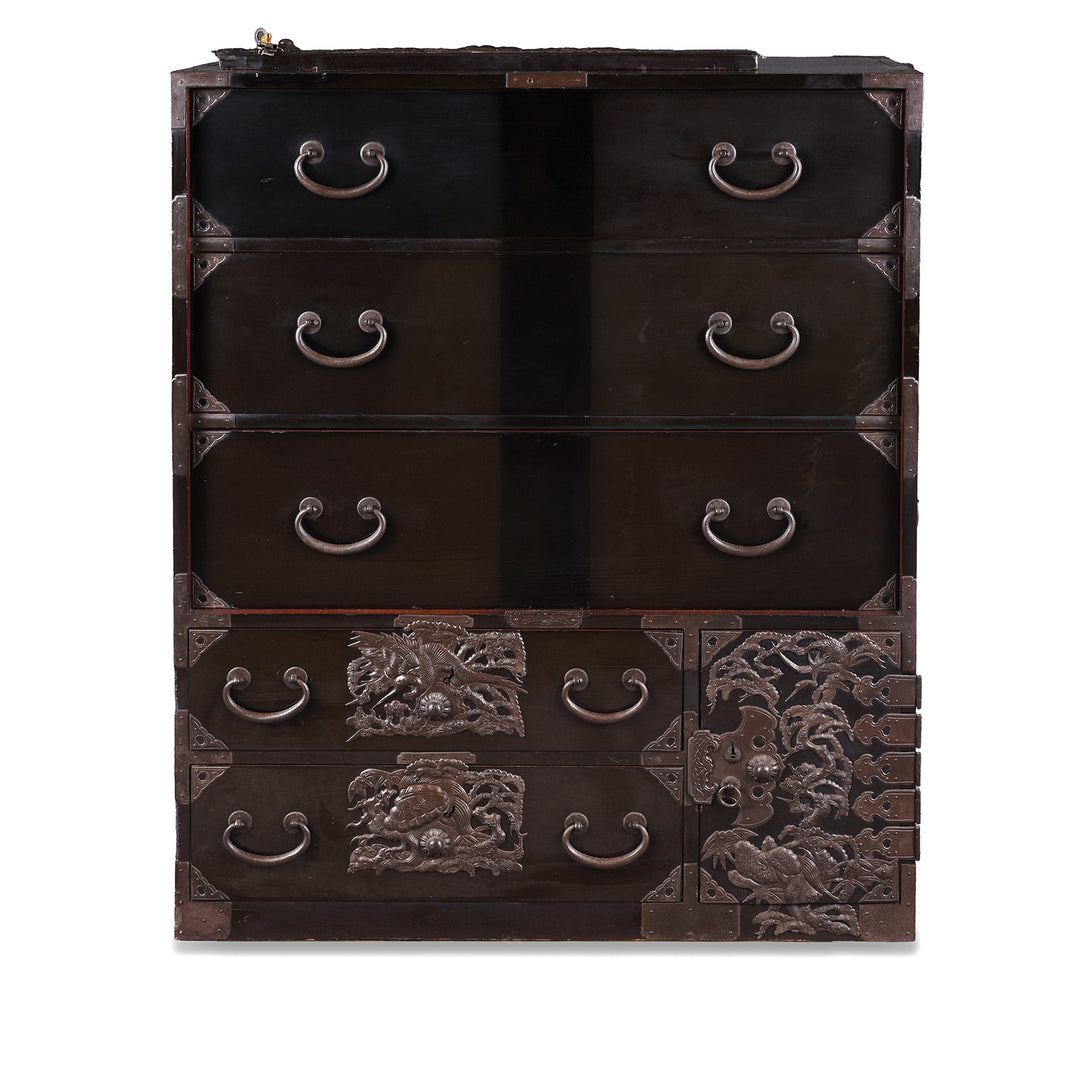 Plate Removed Detail From Japanese Black Lacquer Bo Dansu From Tsuruoka Yamagata Meiji Period With Repoussé Ironwork Tsuta Kamon Crest Secret Compartments And Original Key | Indigo Antiques