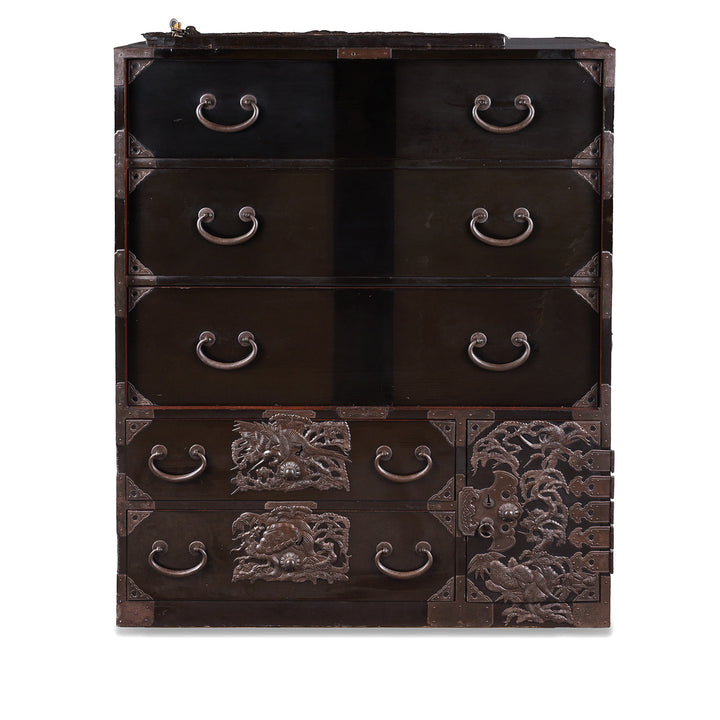 Plate Removed Detail From Japanese Black Lacquer Bo Dansu From Tsuruoka Yamagata Meiji Period With Repoussé Ironwork Tsuta Kamon Crest Secret Compartments And Original Key | Indigo Antiques