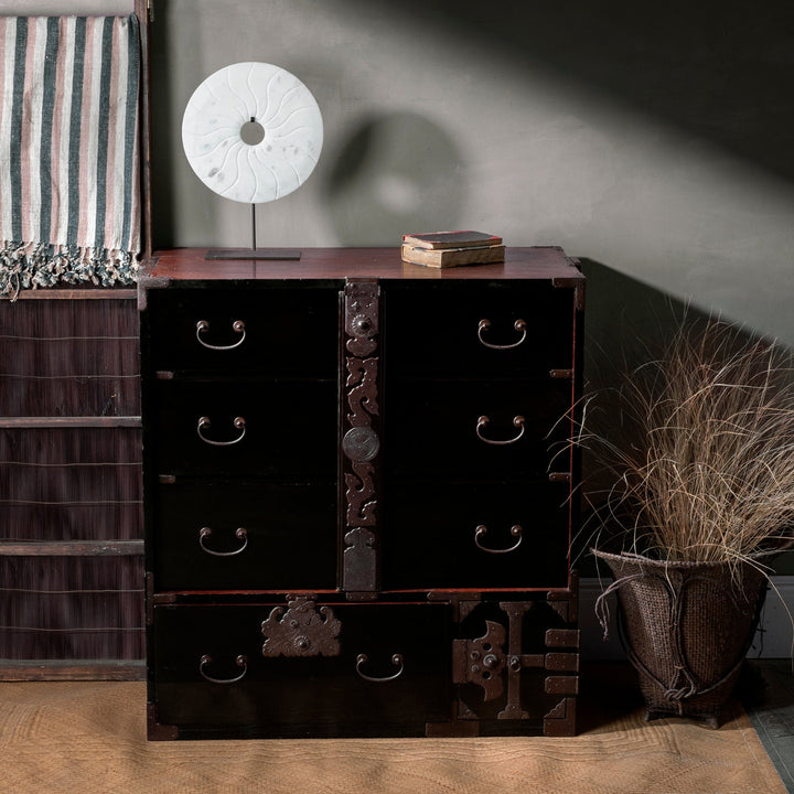 Late Meiji Period Japanese Shōnai Bo-Dansu Kiri Wood Merchant's Chest With Black Lacquer Finish Hand Forged Iron Fittings Hidden Drawers And Original Locking Bar | Indigo Antiques